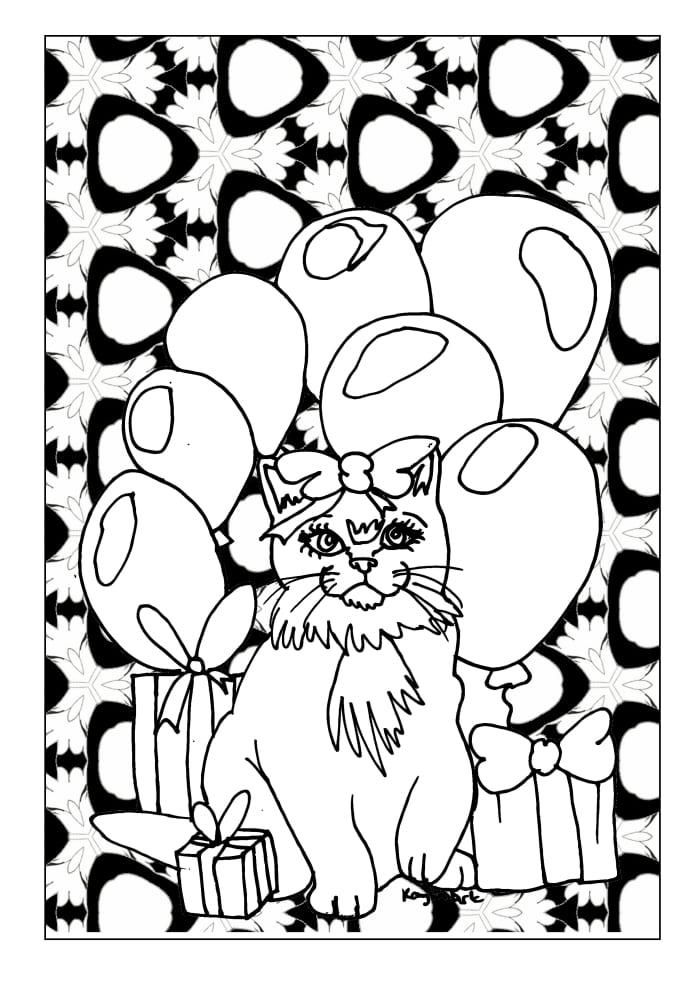 Cat Birthday Party printable coloring page featuring a cute cat with birthday presents and balloons.