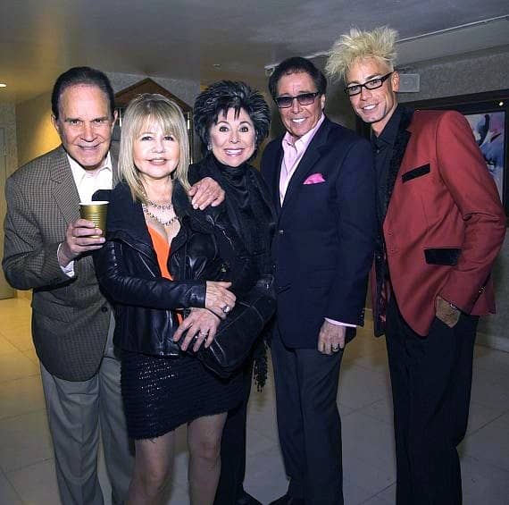 Lorraine & Dennis backstage at the Dennis Bono Show with celebrity guests, Rich Little, Pia Zadora and Murray the Magician.