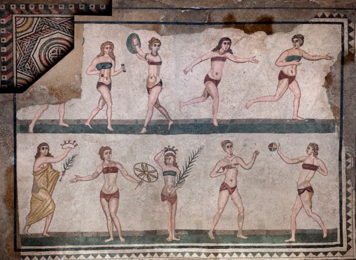 Our first record of the bikini is displayed in Villa Romana del Casale, in Sicily, in the form of mosaic on the floor.