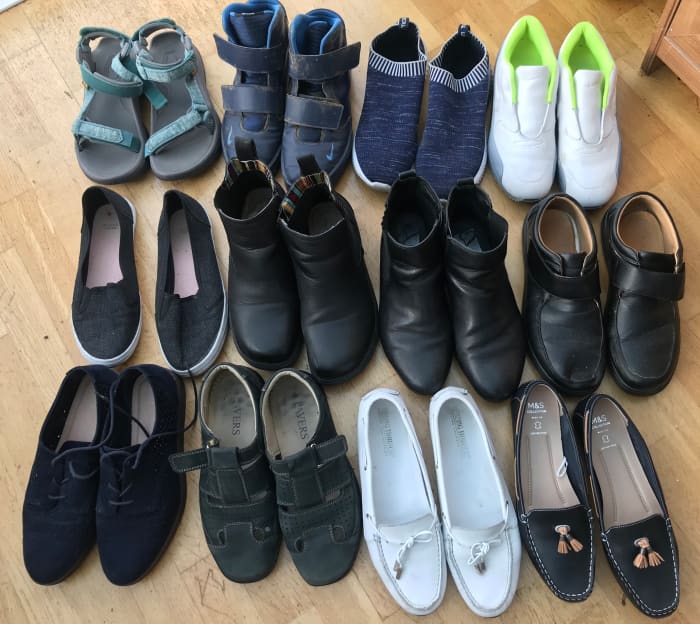 12 Pairs of women’s shoes, L to R, top to bottom: 1. Teva sandals, 2, Nike high trainers, 3. Toisebon trainers, 4. Nike Air Max, 5. Evans Skater, 6. ankle boots, 7. Evans boots, 8. work shoes, 9. Brogues, 10. Pavers sandals, 11-12. loafer/boat