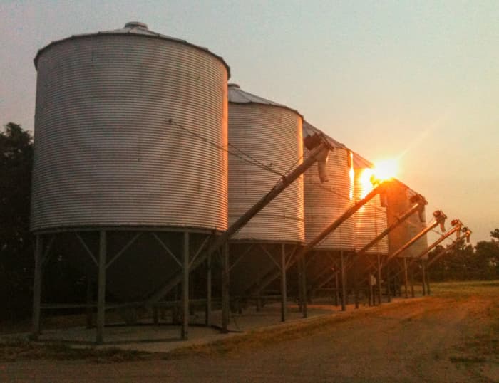 These grain bins are all 18-foot diameter bins set onto hoppers. They have a capacity of well over 4,000 bushels.