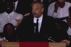 Kevin Costner, who starred with Whitney Houston in The Bodyguard, pays tribute to the pop icon at her funeral in New Jersey.