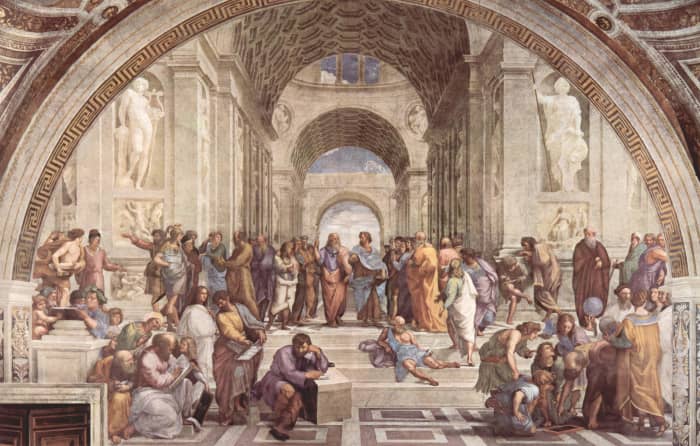 The fresco School of Athens was painted in the Papal apartments of the Vatican by Raphael. Aristotle, who stands right of center, is leading, with Plato on his left, all of the ancient philosophers of Greece.