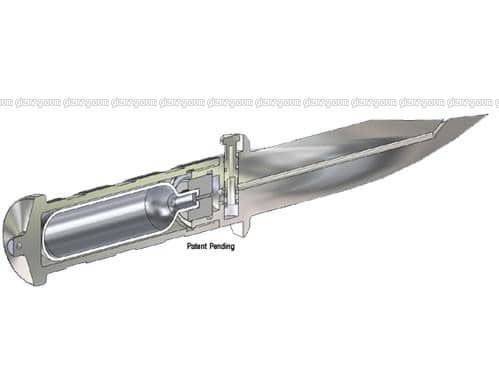 The handle canister holds compressed carbon dioxide (CO2), which discharges through a tube in the Wasp Knife tip