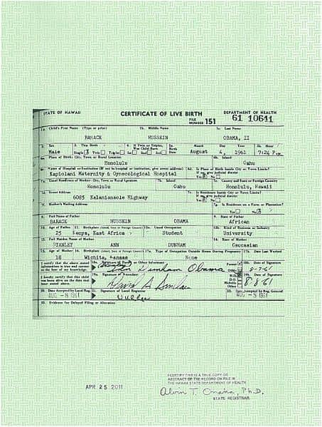 This is the long form birth certificate showing that the 44th President of the United States, Barack Obama, was born at 7:24 pm, on August 4, 1961, in Honolulu, Hawaii, United States.