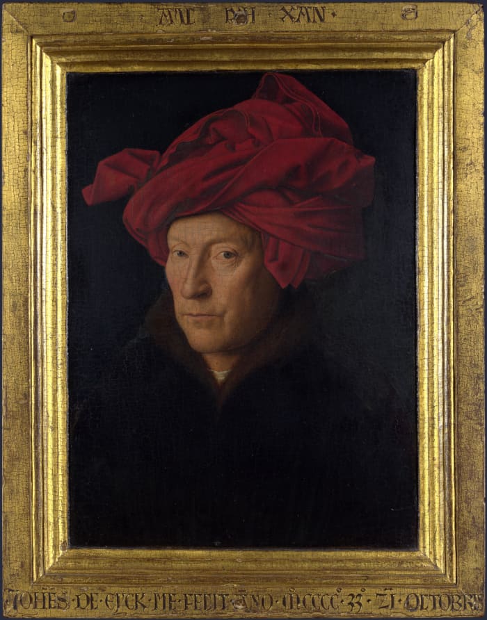 The picture is believed to be a self-portrait of Jan van Eyck. You can see it in the National Gallery in London - it's actually a lot smaller than you might think.