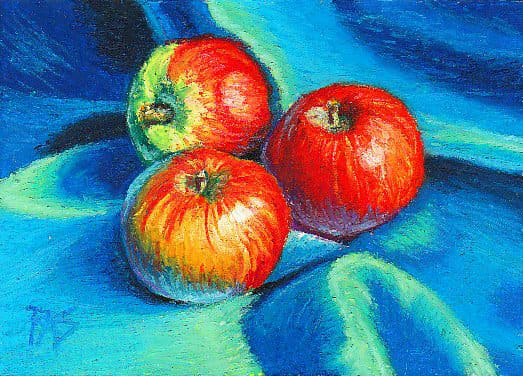 Apples in Blue Silk by Robert A. Sloan using Erengi Art Aspirer oil pastels on watercolor paper primed with Colourfix clear sanded pastel primer.