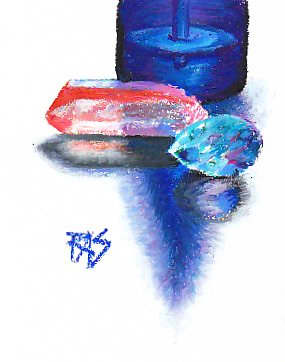 Bottle, Quartz, Aquamarine in Pentel oil pastels on sketchbook paper by Robert A. Sloan -- great detail and luminosity can be done even with inexpensive oil pastels!