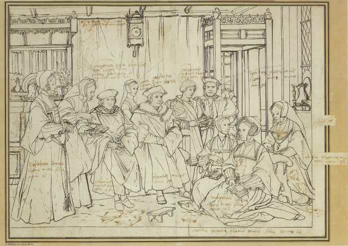Study for the Family Portrait of Thomas More. Pen and brush in black on top of chalk sketch, 38.9 × 52.4 cm. Kupferstichkabinett, Öffentliche Kunstsammlung, Basel.