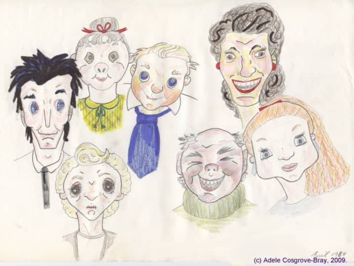 Cartoon, dated April 1989, depiction of some of West Cheshire Lad's pupils. "T" himself is shown in the middle, wearing his habitual blue tie.