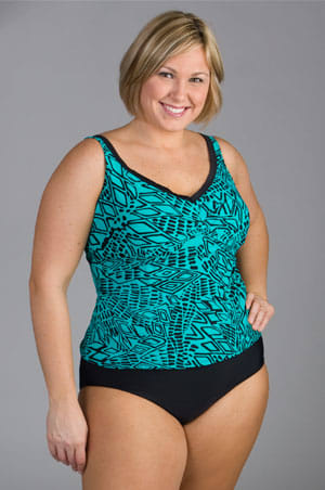 2pc Plus Size Swimwear. You'll love this new flattering design from Christina plus size swimwear. The busy pattern of this tankini distracts the eye from focusing on any one spot. The top offers a bust-enhancing V-neck cut and soft cup bra with a wi
