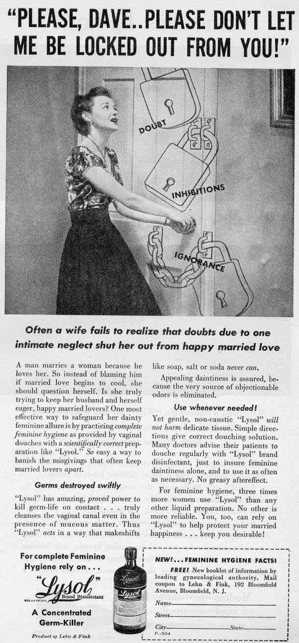 what is more disturbing...the fact that marital abuse is blamed on the woman, or victim in the case, or spraying Lysol on your privates?