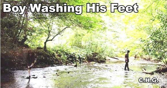 Notice the boy to the left in the photo washing his feet. The boy washing his feet was not there when the photo was taken.