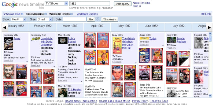 Google News Timeline: you can view news from archives, blog posts,magazine, scanned newspapers, sports, music, movies. You can view multiple sources concurrently. Easy to follow news an gather information related to relevant source