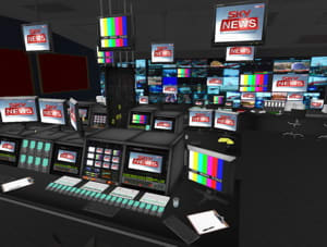 News TV network that has news sets for anchors with TV Cameras and boom mics on trollies, offices and desks, waiting rooms and meeting rooms, production and director's tech rooms