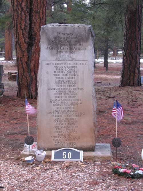 The remains of the unidentified victims aboard the United Airlines DC-7 are buried in Grand Canyon Cemetery. The unidentified victims aboard the TWA Constellation were interred at Citizens Cemetery in Flagstaff, Arizona