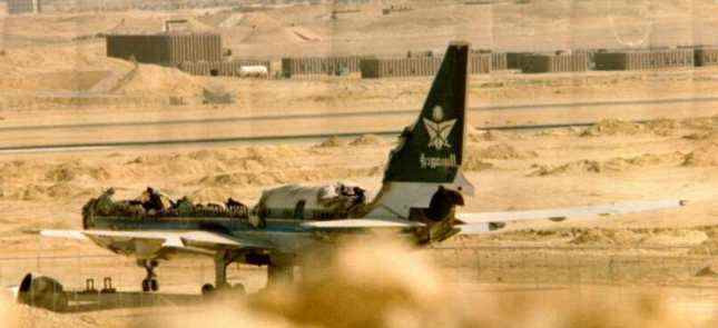 The burned out hull of a Saudi Arabian Lockheed L-1011. Although the plane landed safely, all 301 aboard died before rescue crews could reach them. The fire started in the aft cargo compartment and the crew failed to take immediate steps to evacuate
