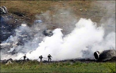 The plane disappeared from radar shortly after making a distress call. The aircraft was reportly on fire before it crashed. Weather forecasters reported thunderstorms and lightning in the area at the time of the crash.