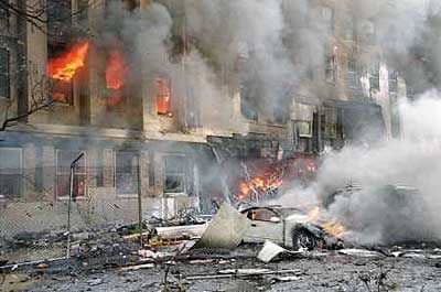 American Airlines, Flight 77, a Boeing 757, on a scheduled flight from Washington D.C. to Los Angeles, moments after crashing into the Pentagon.