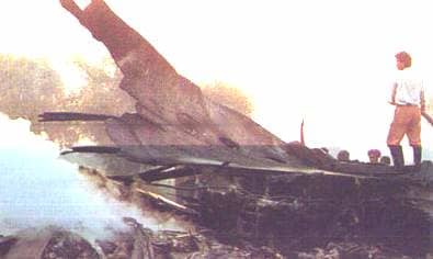 The remains of a Saudi Arabian Airlines Boeing 747 after a midair collision with a Kazastan Airlines Ilyushin 76 over New Delhi, India resulting in the loss of 349 lives. Reports vary but a misunderstanding of directions between the ATC and the Ilyus