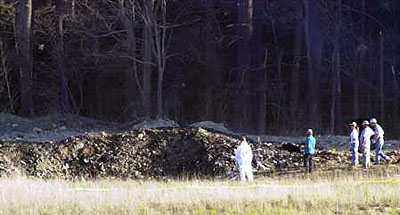Wreckage of United Airlines Flight 93, a Boeing 757, on a scheduled flight from Newark to San Francisco, which crashed near Shanksville, Pennsylvania.