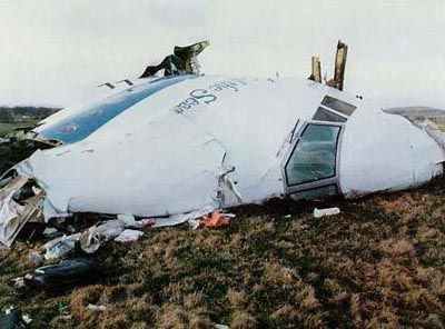 The cockpit section of Pan Am Flight 103 which crashed at Lockerbie, Scotland after a bomb, planted by terrorists, exploded in the forward cargo area.