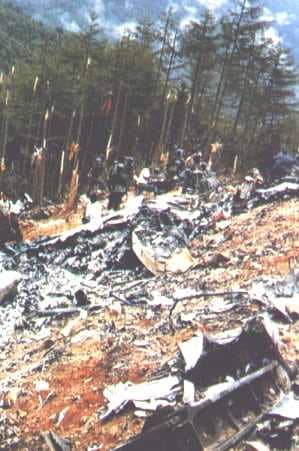 The wreckage of a Japan Airlines Boeing 747 that crashed on Mt. Osutaka, Japan. Five-hundred twenty people out of 524 aboard were killed.