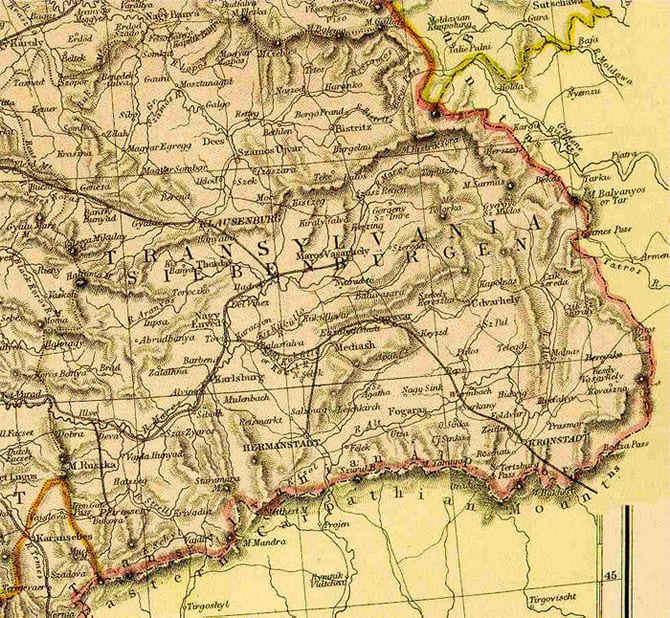 Transylvania in Hugary before 1919. The most interesting aspect to this map is the fact that the Latin and German names are used.