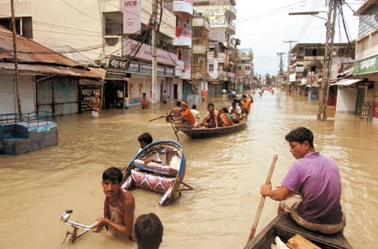 The Third World will suffer most as climate warms. With more extreme rain events likely, and higher sea levels, the future is likely to hold many more scenes such as this image of the 2007 flooding in Bangladesh. Image courtesy New Nation.