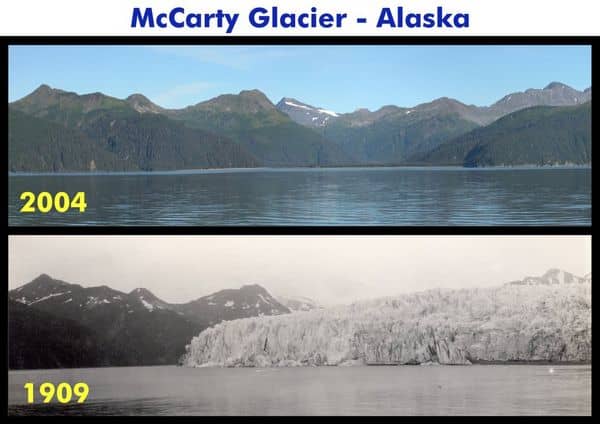 The ice melted from McCarty Glacier, on the other hand, has contributed its lost mass to the global sea level rise measured over the last century. Image courtesy Robert Rohde & Global Warming Art.