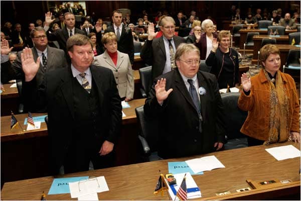 Presidential electors taking the electoral oath in Indiana in 2008. Electors meet in their state capital to cast their electoral vote.