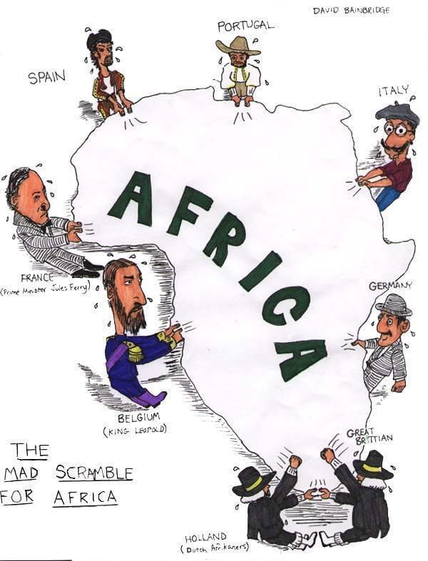 The scramble for Africa, in a cartoonish way, but accurate depiction of history and how and where the Europeans selected their cuts of the continent