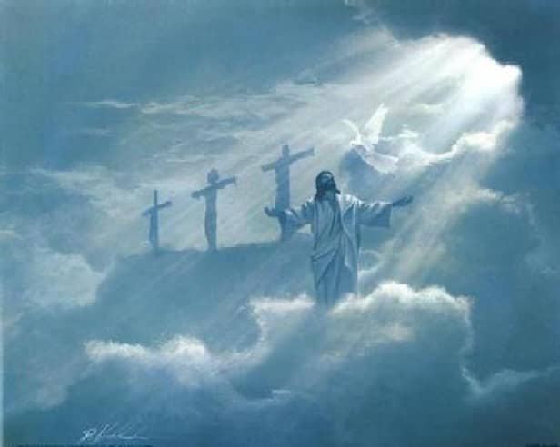 Rendering of Jesus Christ in the Clouds with a Ray of Sun Light and Three Crosses in the Background