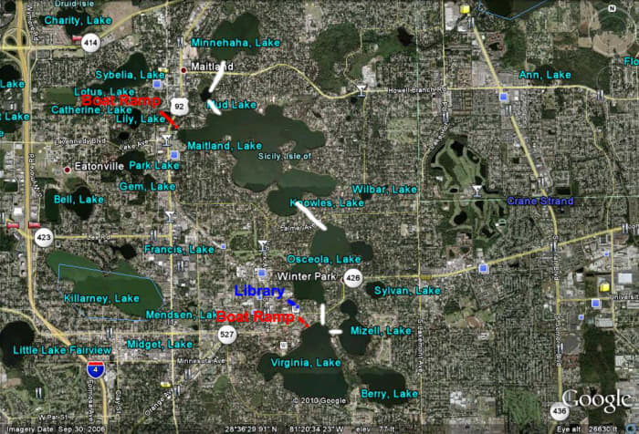 Map with boat ramps, library, and canals labeled. The white lines connecting the lakes are where the canals are.