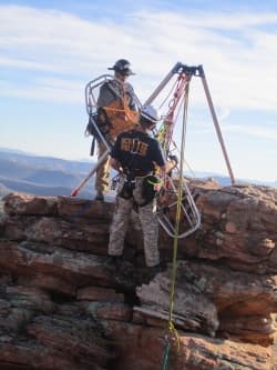 Two of my classmates -- other first responders -- rigging and practicing rescue techniques on Doe Mountain in Sedona, AZ