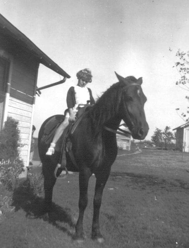 My aunt Carol on her father's horse Brownie. There's quite a story about Brownie saving my grandfather's life.