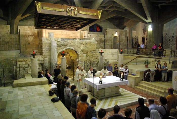 Catholic Mass conducted in the very spot Roman Catholics believe the Annunciation took place--the Grotto of the Annunciation beneath the church.