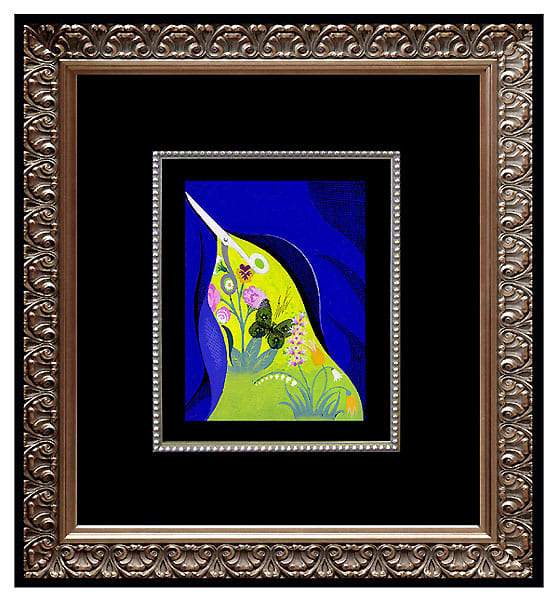 Erte in print - modern lime green with dark background in beautiful ornate frame