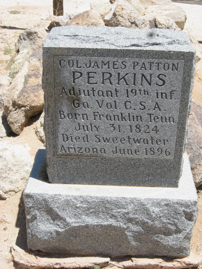 New Granite marker on grave of Confederate Colonel James Patton Perkins in the cemetery of the historic Cook Church in Sacaton, AZ