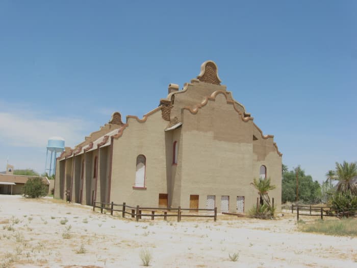 Rear view of historic Cook Church in Sacaton, Arizona