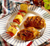 I fix skewers of baby corn on the cob , red bell pepper and zucchini and serve the skewers of the vegetables along with my skewers of barbecue chicken.