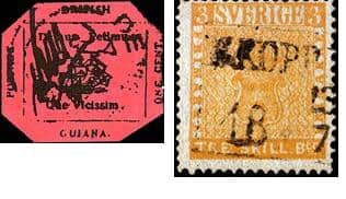 1856 one-cent "Black on Magenta" of British Guiana on left the world's most valuable stamp. Treskilling Yellow on right is also a very expensive stamp