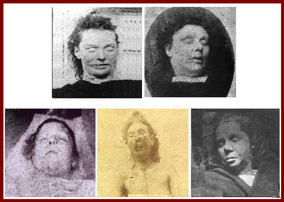 Top row: Elizabeth Stride . . . Annie Chapman Bottom row: Mary Ann (Polly) Nichols, Mary Jane Kelly, Catharine Eddowes