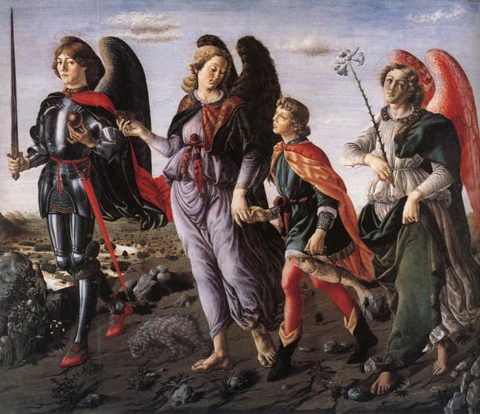 "The Three Archangels with Tobias" (St. Michael - St. Gabriel - St. Raphael) - by Francesco Botticini (1470)