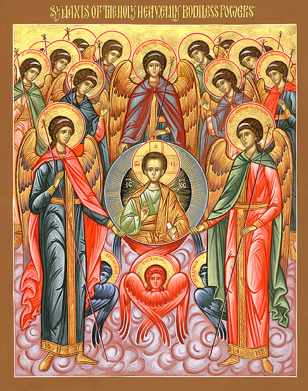 Orthodox "Angelic Council" - including (7) Archangels: Jehudiel, Gabriel, Selaphiel, Michael, Uriel, Raphael, Barachiel -beneath mandorla of Christ-Emmanuel are representations of Cherubim (blue) and Seraph (red)