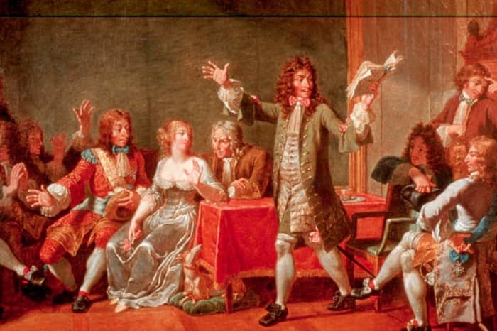 "Molire lisant son Tartuffe chez Ninon de l'Enclos."The figures depicted are Pierre Corneille, Jean Racine, Jean de la Lafontaine, the Marchal de Vivone, Nicolas Boileau, Chapelle, Jean-Baptiste Lully, Thomas Corneille, Jules Mansard, Philippe Quinau
