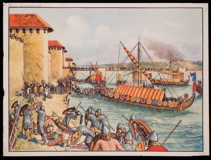 An artist's fanciful impression of Vikings laying siege to Paris - nearest ship 'dressed' overall as if on review. The striped deck cover would only have been draped over the lowered mast for a king or a jarl at an assembly of his fleet on view