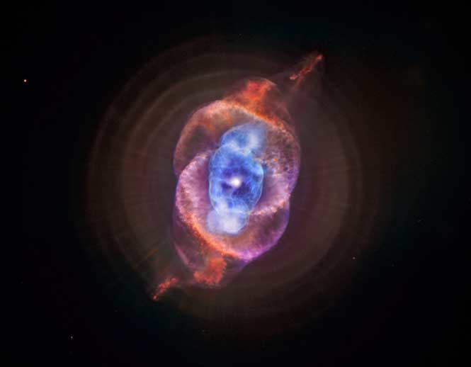The Cat's Eye Nebula is a beautiful example of a so-called "planetary nebula," thought by early astronomers to resemble a planet, but now known to be the death throes of a Sun-sized star.