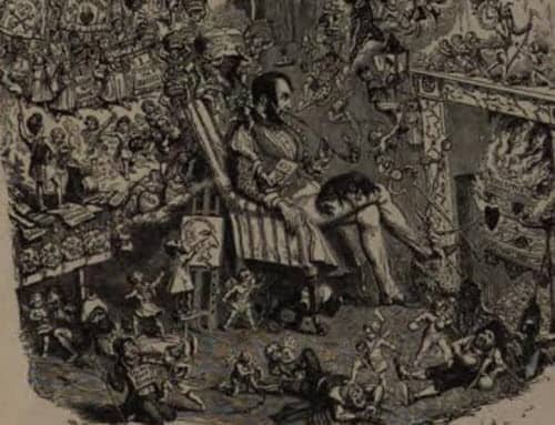 In this drawing, Cruikshank is sleeping while the products of his imagination romp through his study. But perhaps he too is a product of the imagination, as suggested by the fact that some his characters are drawing the artist.