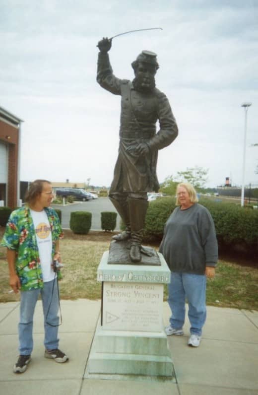 The statue was erected at the library in Erie. On another trip with Jim and Patty, we toured Gettysburg and saw where Col. Vincent was injured in the war. We've had some great adventures with Jim and Patty!